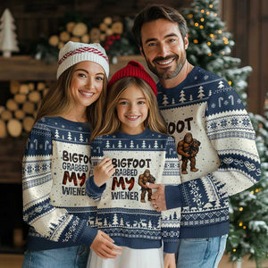 Bigfoot Grabbed My Wiener Ugly Christmas Sweater Funny Dog Lover Gift TS12 Beige Navy Print Your Wear