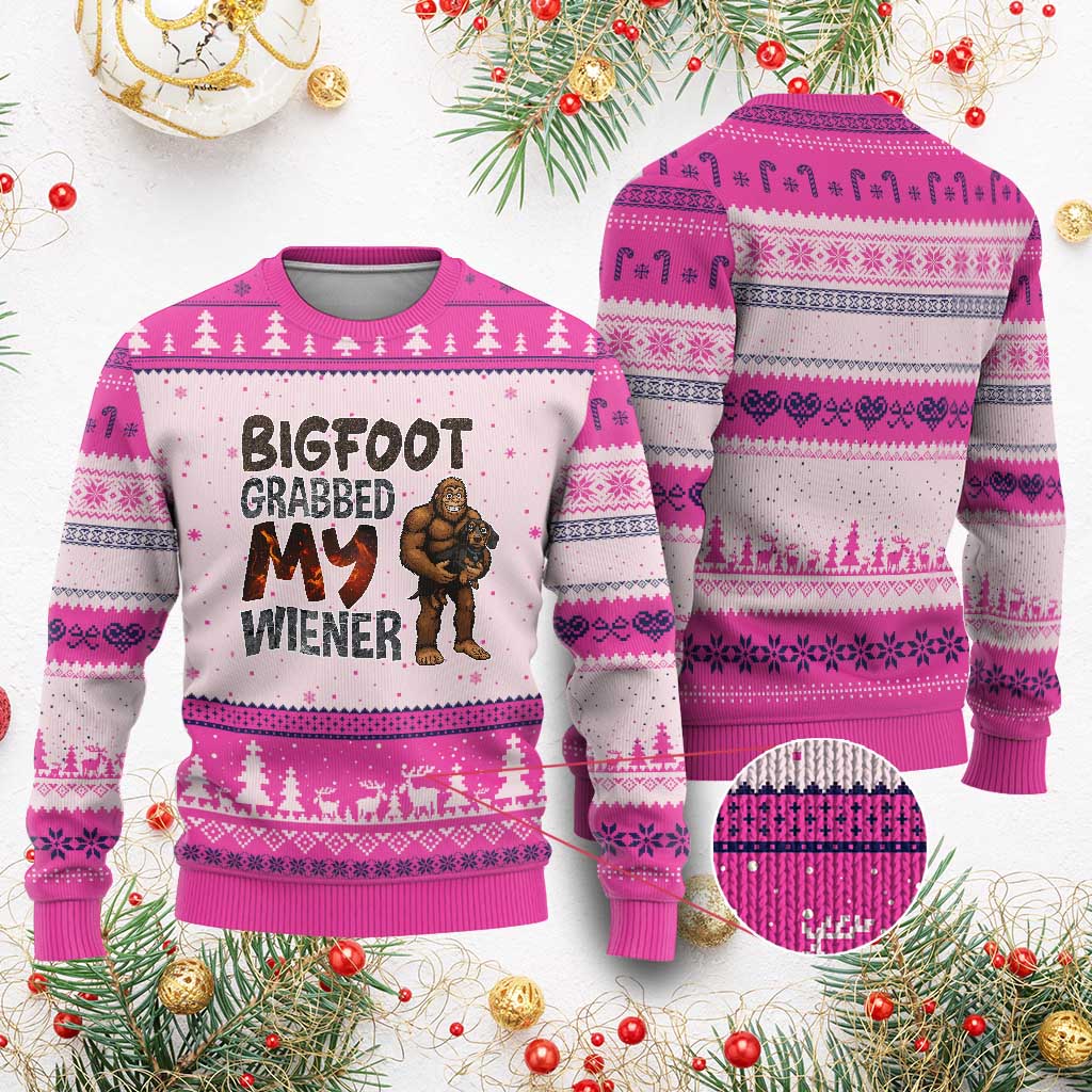 Bigfoot Grabbed My Wiener Ugly Christmas Sweater Funny Dog Lover Gift TS12 Hot Pink Print Your Wear