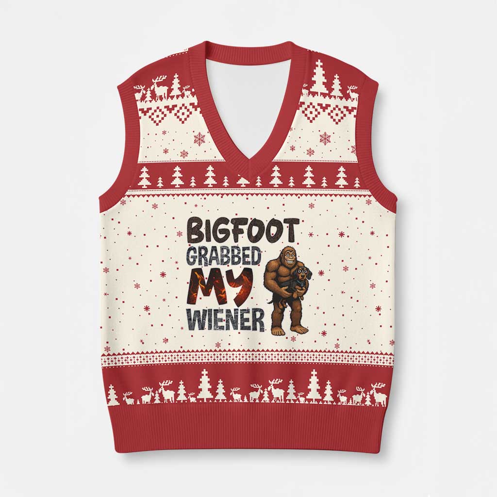 Bigfoot Grabbed My Wiener V-Neck Knit Sweater Vest Funny Dog Lover Gift TS12 Beige Red Print Your Wear