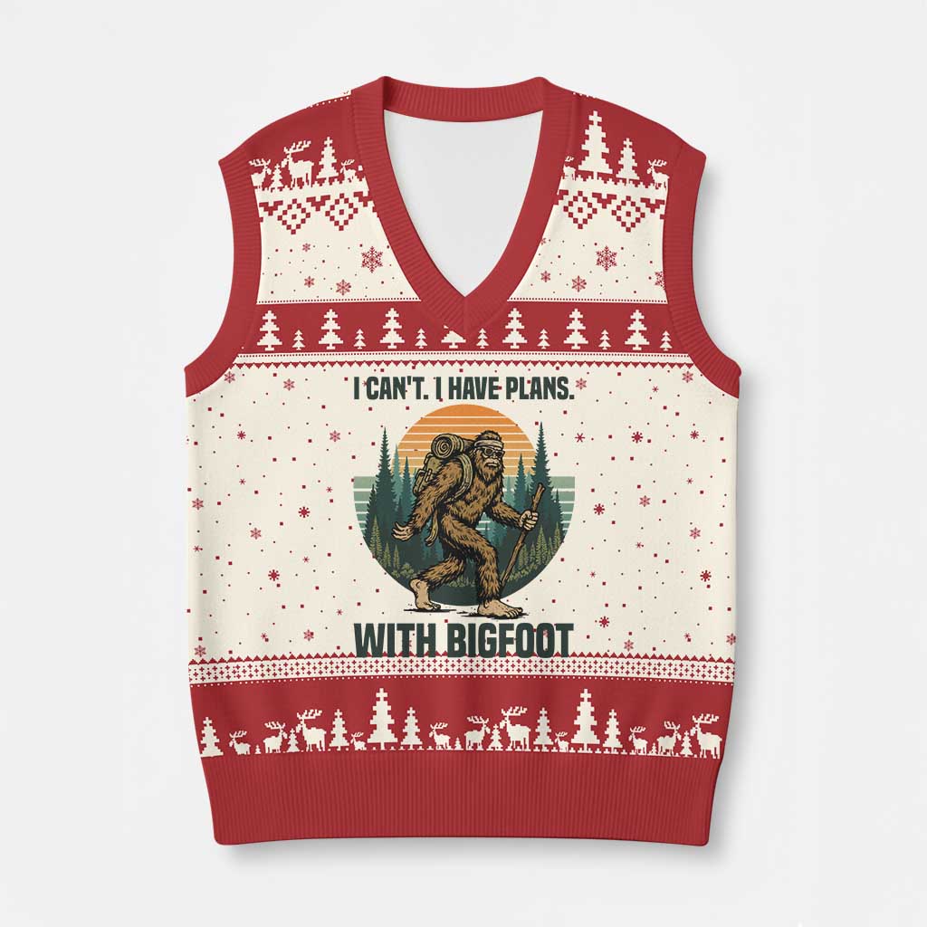 I Cant I Have Plans With Bigfoot V-Neck Knit Sweater Vest Funny Cryptid Lover Gift TS12 Beige Red Print Your Wear