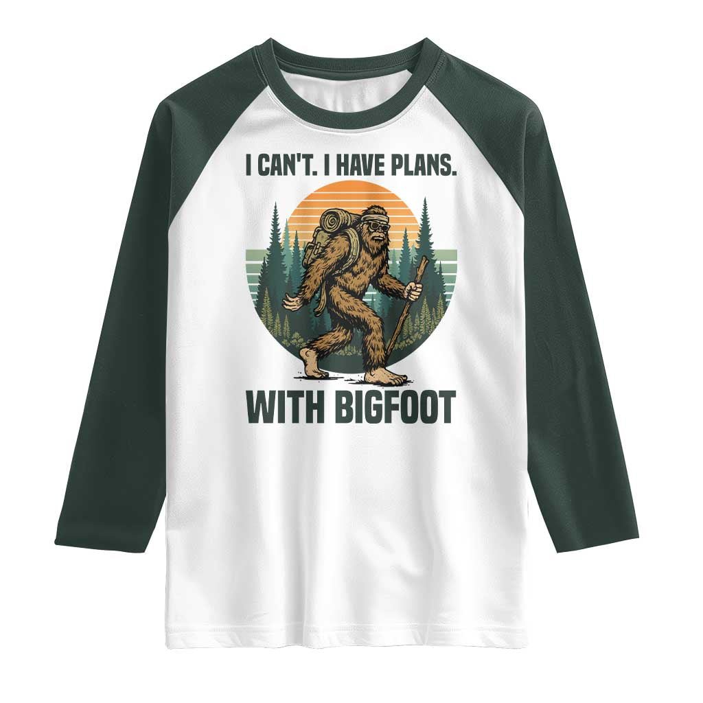 I Cant I Have Plans With Bigfoot Raglan Shirt Funny Cryptid Lover Gift TS12 White Dark Forest Green Print Your Wear