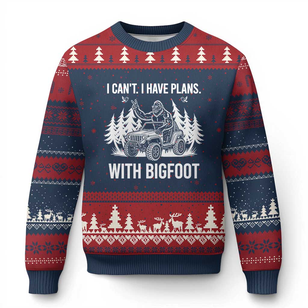 Funny Bigfoot Driving Car Ugly Christmas Sweater I Cant I Have Plans With Bigfoot TS12 Navy Red Print Your Wear