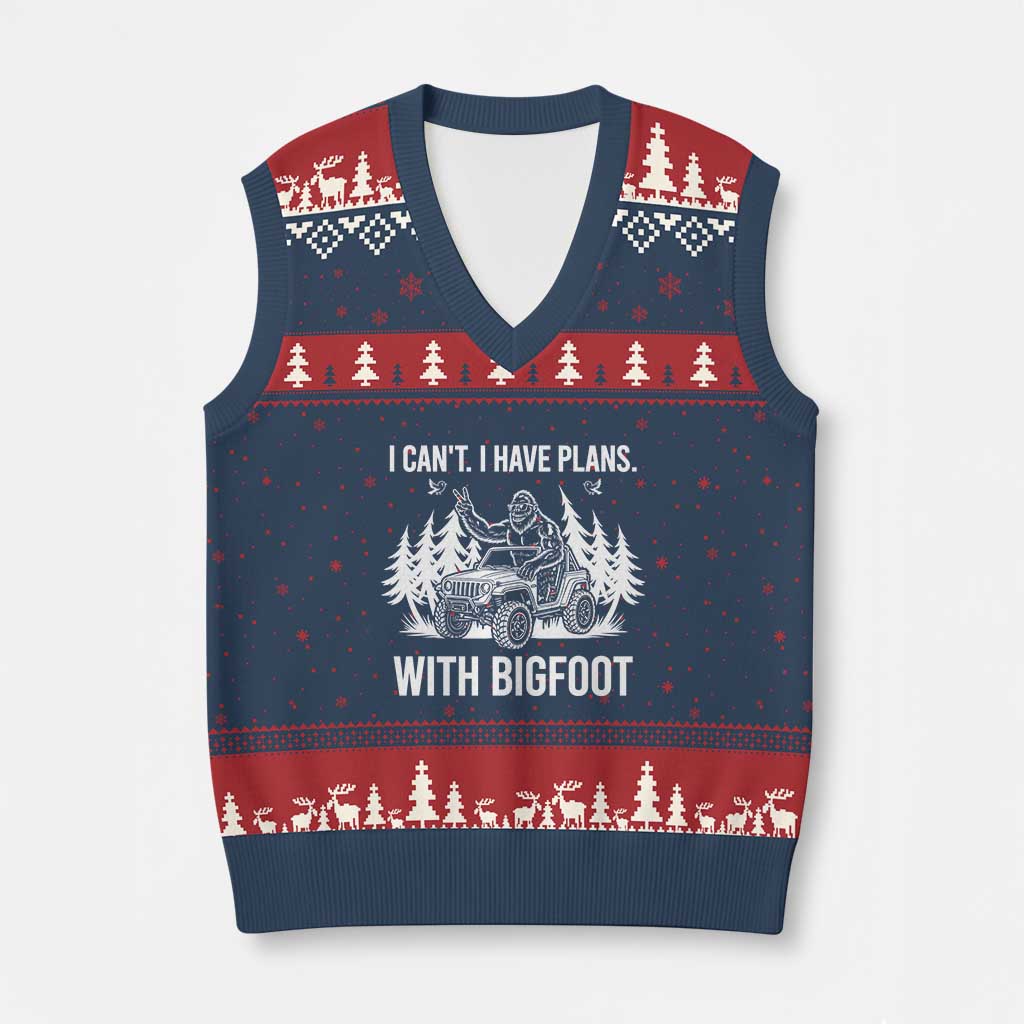 Funny Bigfoot Driving Car V-Neck Knit Sweater Vest I Cant I Have Plans With Bigfoot TS12 Navy Red Print Your Wear