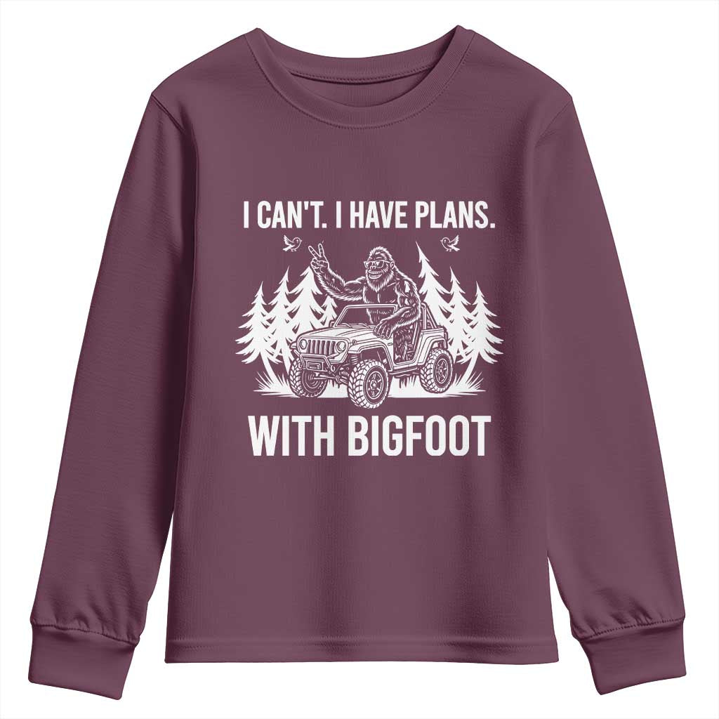 Funny Bigfoot Driving Car Youth Sweatshirt I Cant I Have Plans With Bigfoot TS12 Maroon Print Your Wear