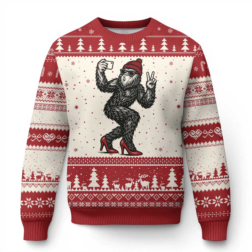 Funny Sexy Bigfoot Selfie Ugly Christmas Sweater Sasquatch Lover Gift TS12 Beige Red Print Your Wear