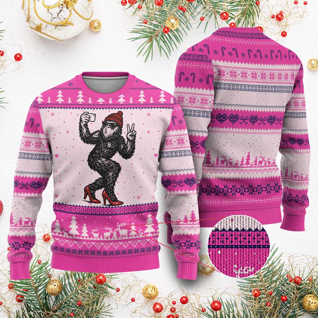 Funny Sexy Bigfoot Selfie Ugly Christmas Sweater Sasquatch Lover Gift TS12 Hot Pink Print Your Wear