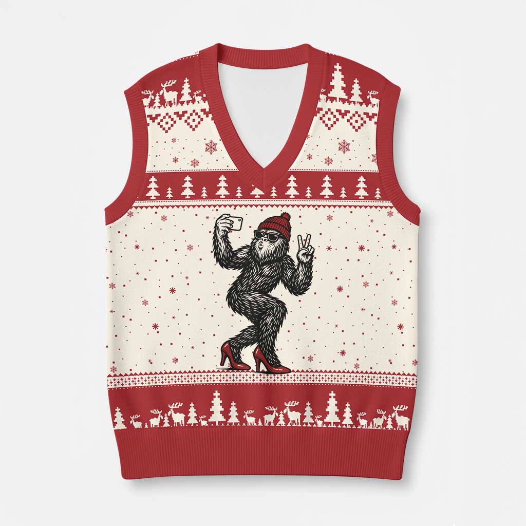 Funny Sexy Bigfoot Selfie V-Neck Knit Sweater Vest Sasquatch Lover Gift TS12 Beige Red Print Your Wear