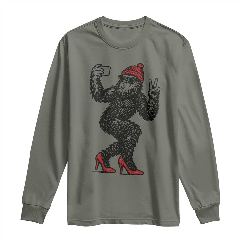Funny Sexy Bigfoot Selfie Long Sleeve Shirt Sasquatch Lover Gift TS12 Military Green Print Your Wear