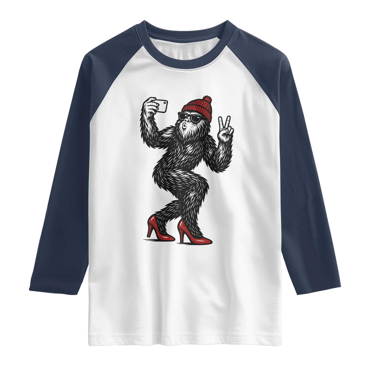 Funny Sexy Bigfoot Selfie Raglan Shirt Sasquatch Lover Gift TS12 White Navy Print Your Wear
