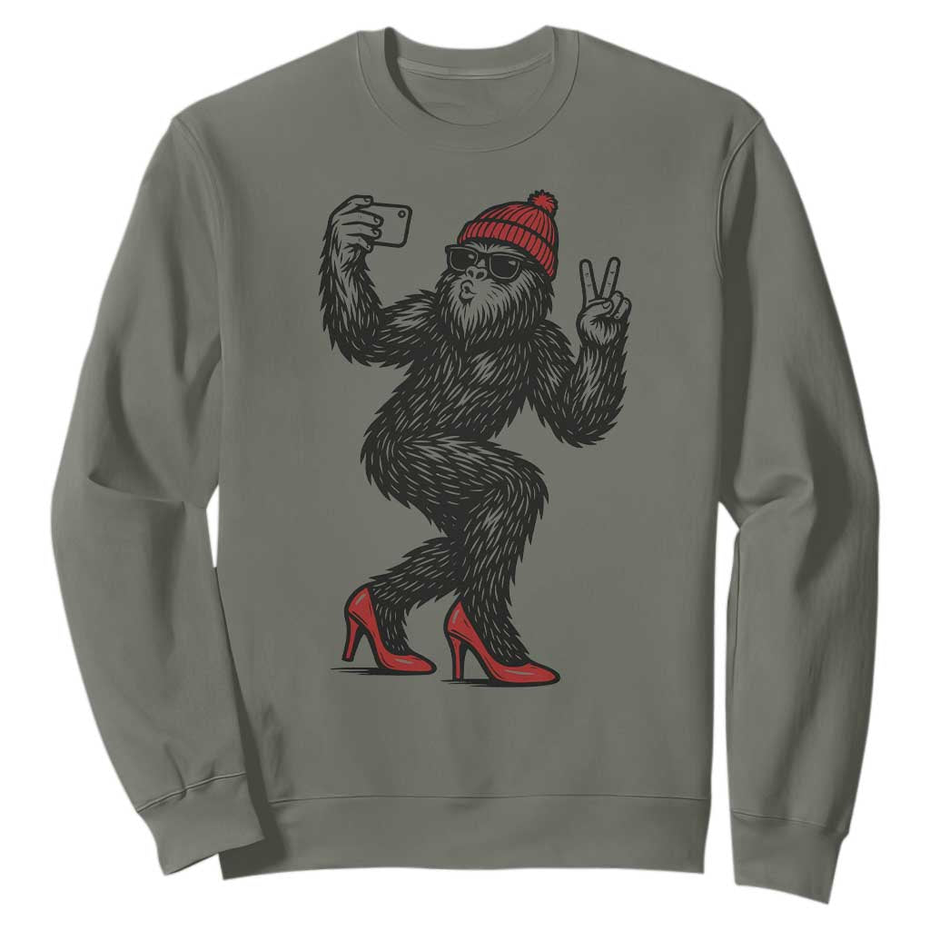 Funny Sexy Bigfoot Selfie Sweatshirt Sasquatch Lover Gift TS12 Military Green Print Your Wear