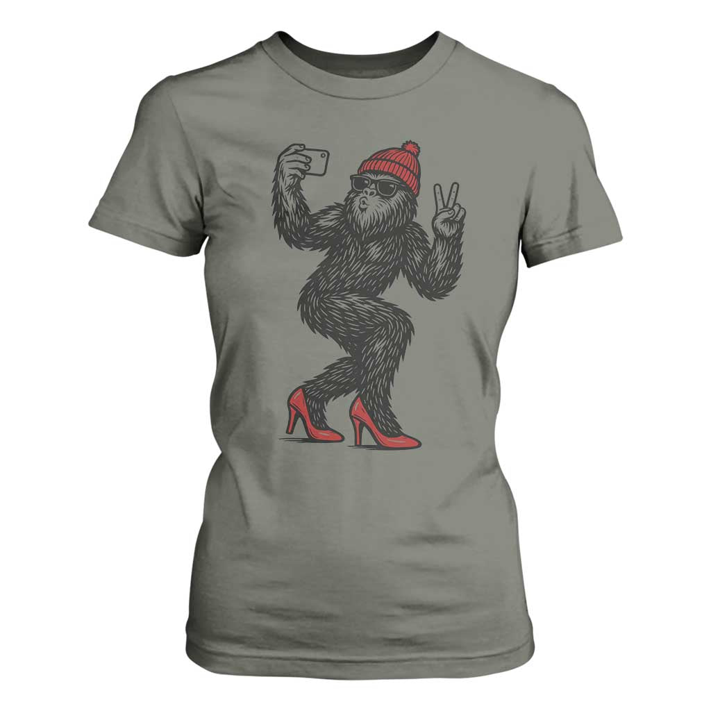 Funny Sexy Bigfoot Selfie T Shirt For Women Sasquatch Lover Gift TS12 Military Green Print Your Wear