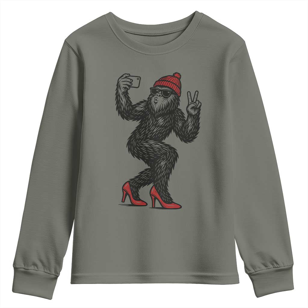 Funny Sexy Bigfoot Selfie Youth Sweatshirt Sasquatch Lover Gift TS12 Military Green Print Your Wear