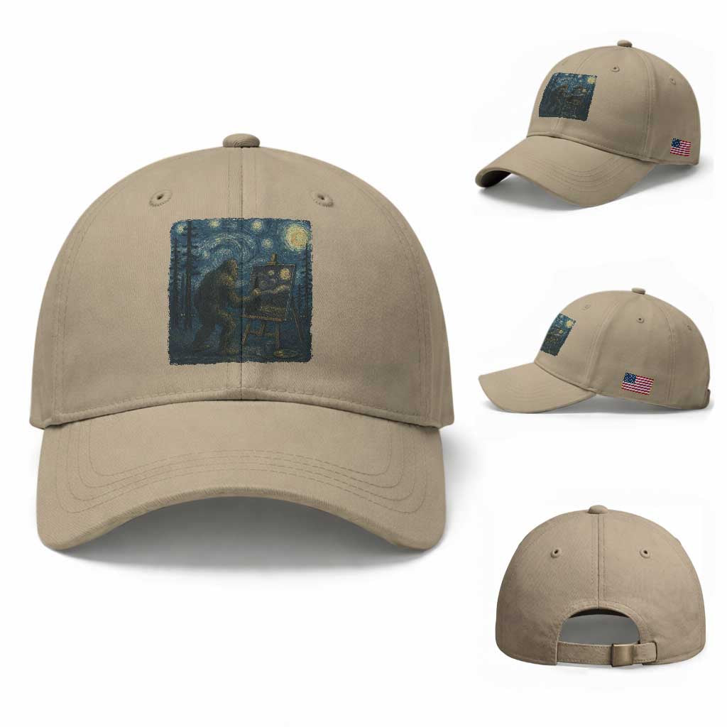 Funny Bigfoot Painting Starry Night Art Parody Gift Baseball Cap TS12 Baseball Cap Universal Fit Khaki Print Your Wear