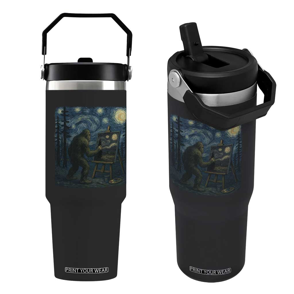 Funny Bigfoot Painting Starry Night Art Parody Gift Flip Straw Tumbler TS12 One Size: 30 oz Black Print Your Wear