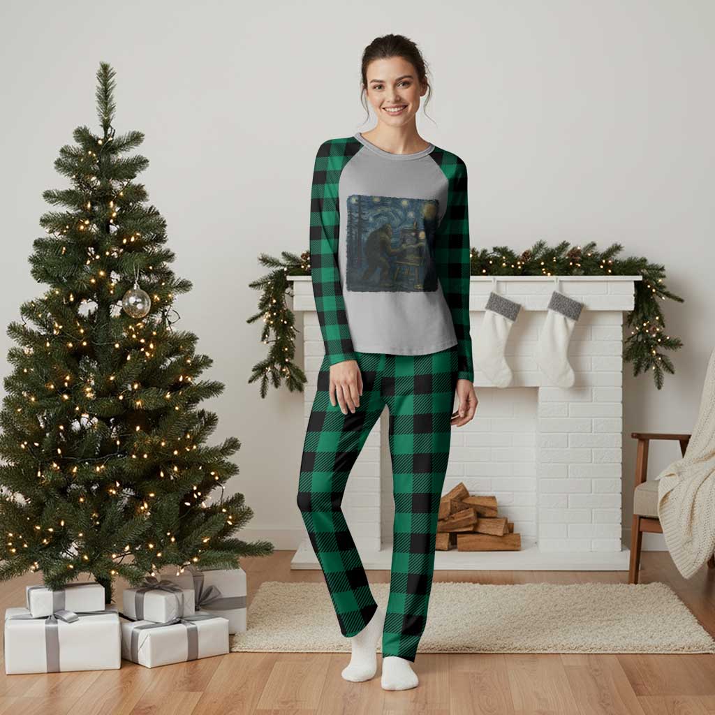 Funny Bigfoot Painting Starry Night Art Parody Gift Plaid Pajama Set TS12 Green Plaid Print Your Wear