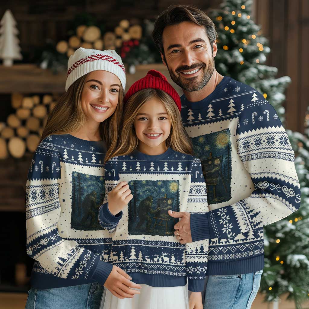 Funny Bigfoot Painting Starry Night Art Parody Gift Ugly Christmas Sweater TS12 Beige Navy Print Your Wear