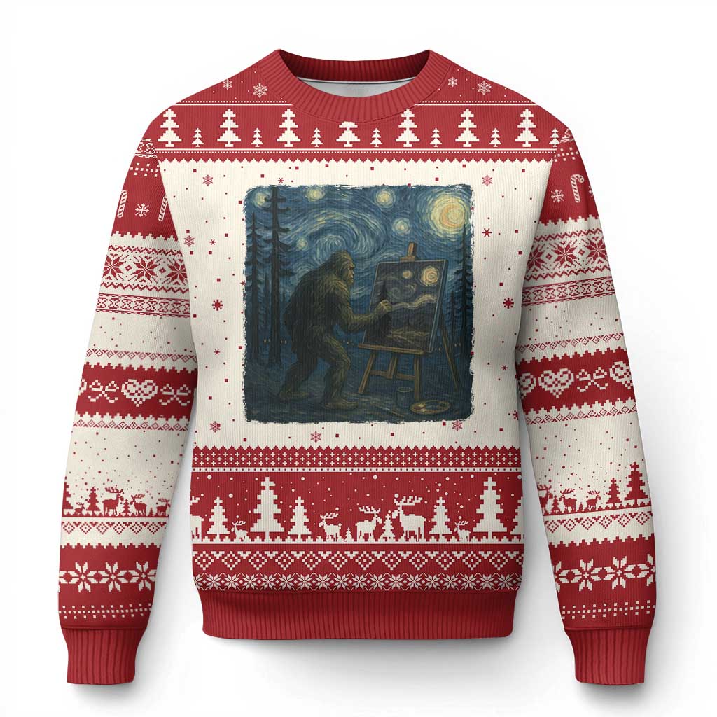 Funny Bigfoot Painting Starry Night Art Parody Gift Ugly Christmas Sweater TS12 Beige Red Print Your Wear
