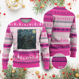 Funny Bigfoot Painting Starry Night Art Parody Gift Ugly Christmas Sweater TS12 Hot Pink Print Your Wear