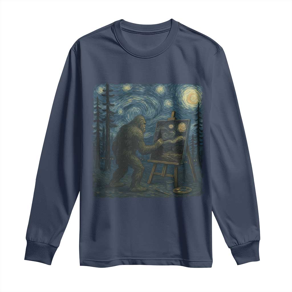 Funny Bigfoot Painting Starry Night Art Parody Gift Long Sleeve Shirt TS12 Navy Print Your Wear