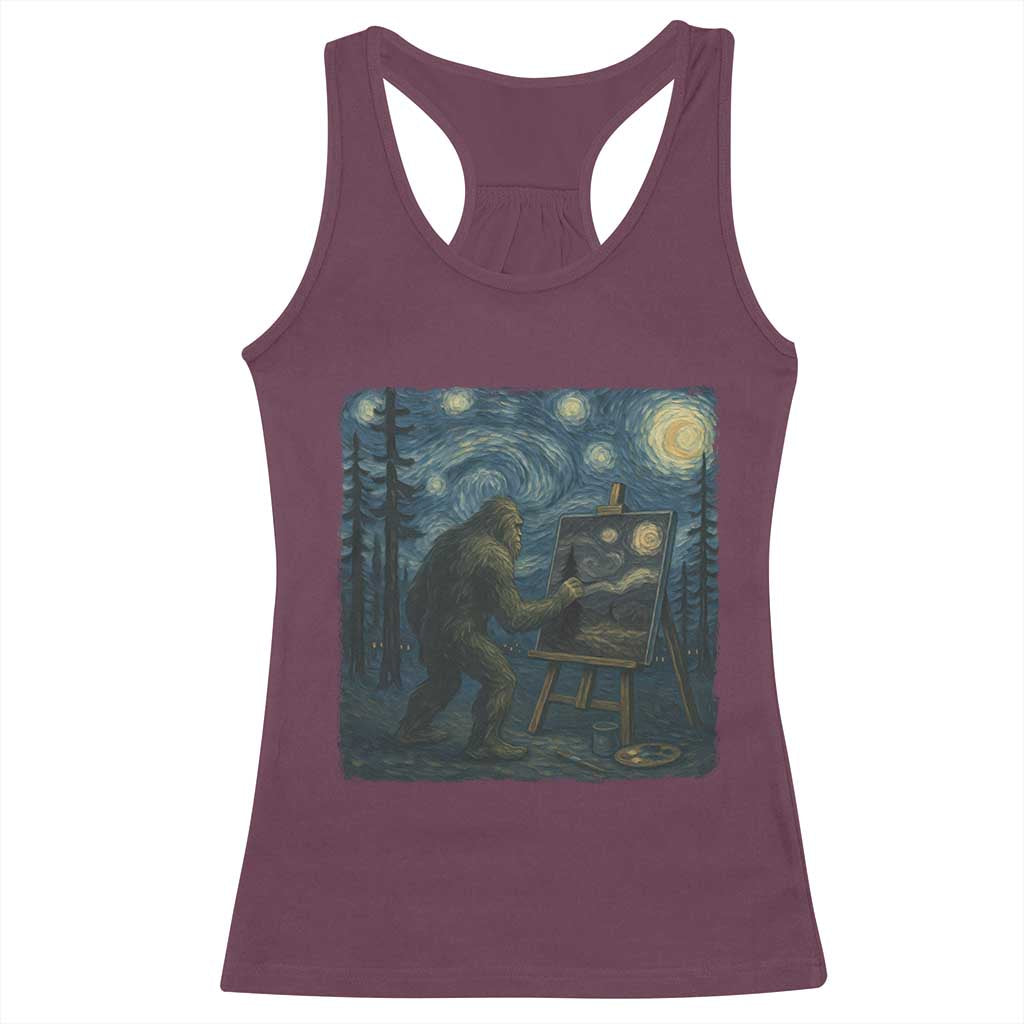 Funny Bigfoot Painting Starry Night Art Parody Gift Racerback Tank Top TS12 Maroon Print Your Wear