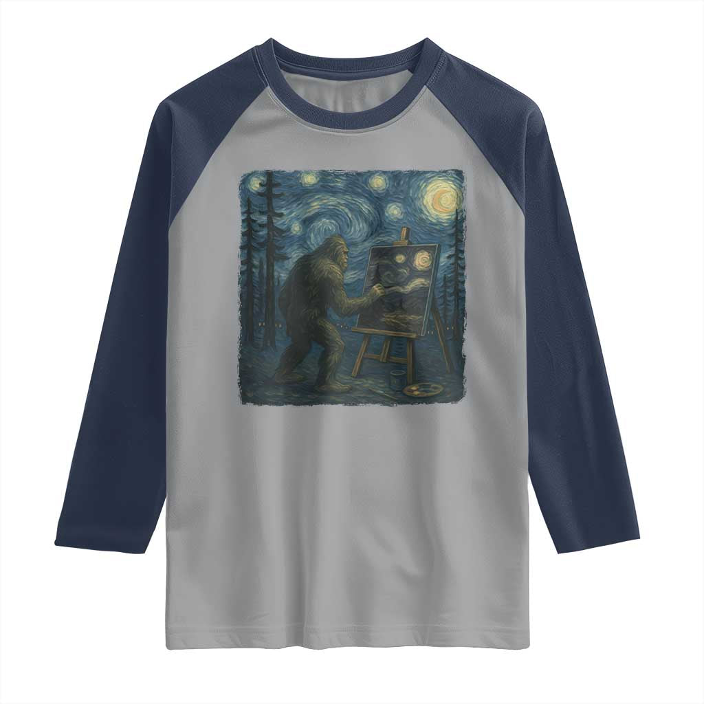 Funny Bigfoot Painting Starry Night Art Parody Gift Raglan Shirt TS12 Sport Gray Navy Print Your Wear