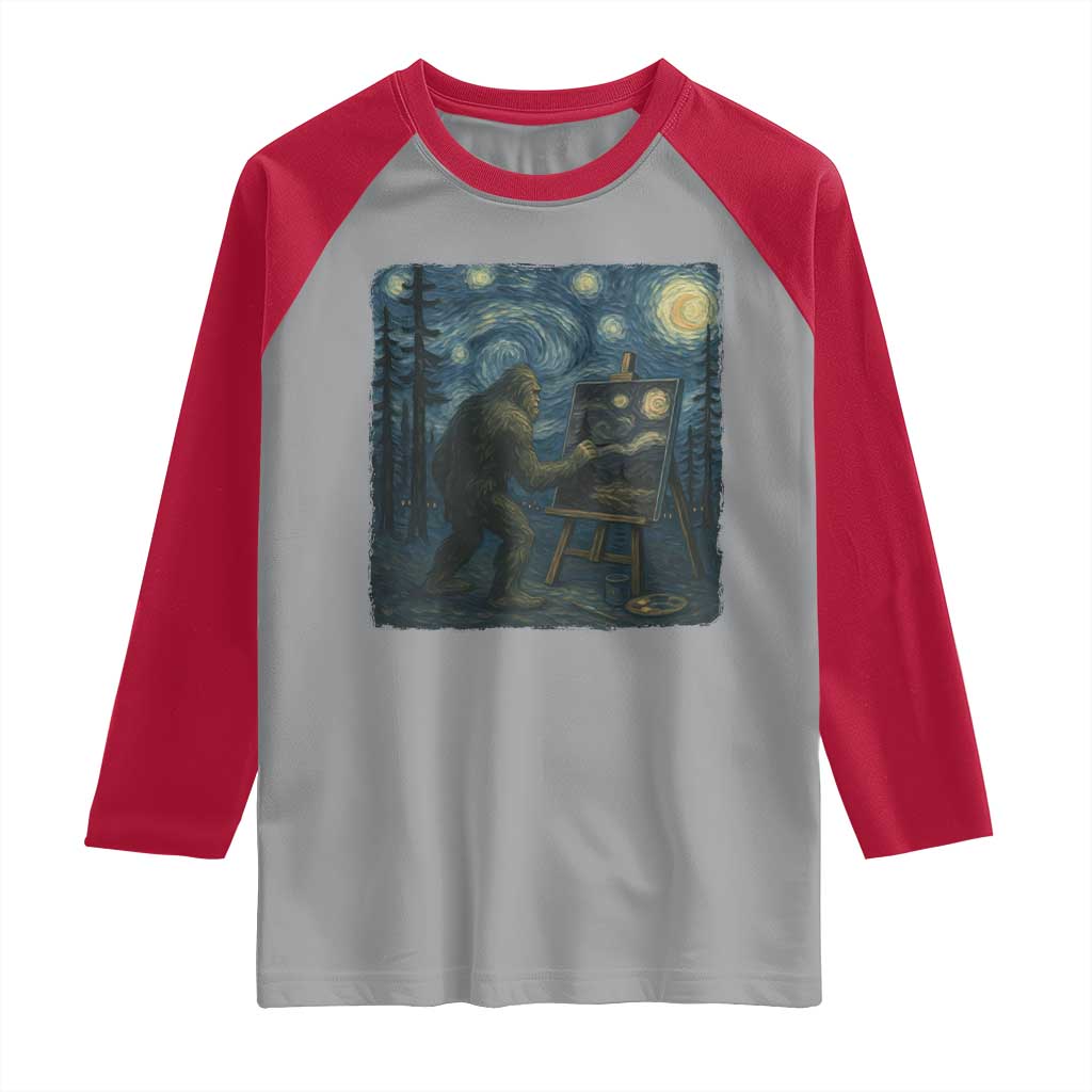 Funny Bigfoot Painting Starry Night Art Parody Gift Raglan Shirt TS12 Sport Gray Red Print Your Wear
