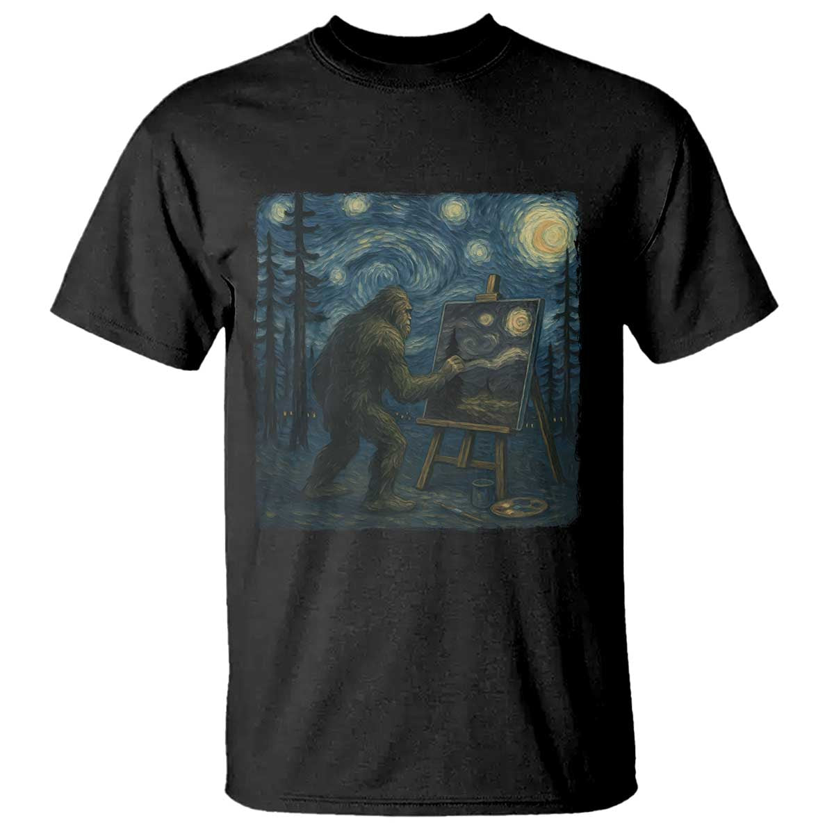 Funny Bigfoot Painting Starry Night Art Parody Gift T Shirt TS12 Black Print Your Wear
