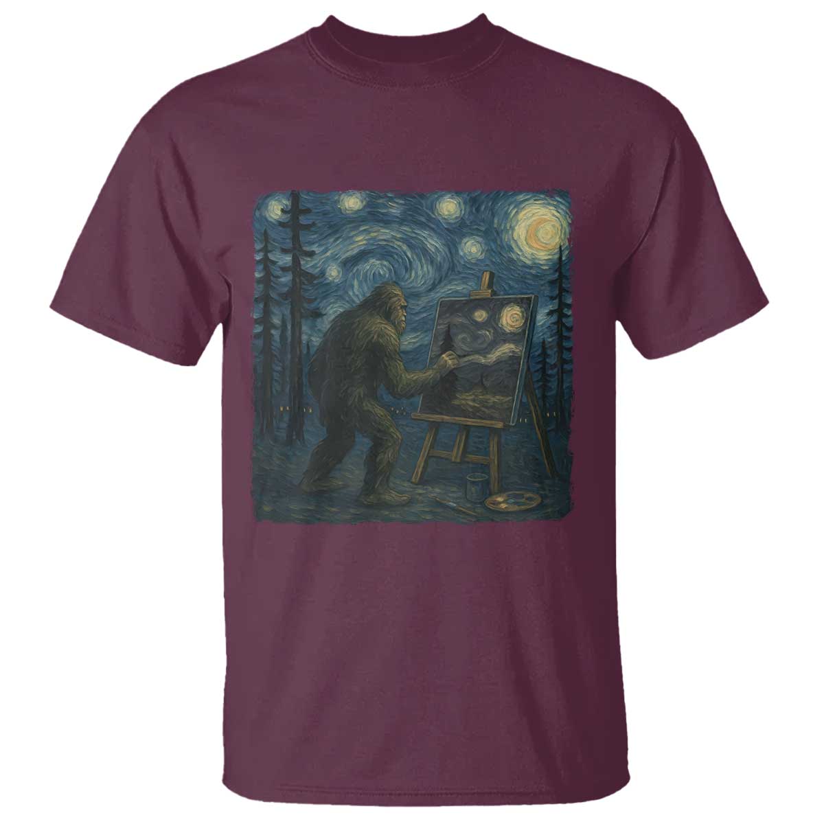 Funny Bigfoot Painting Starry Night Art Parody Gift T Shirt TS12 Maroon Print Your Wear