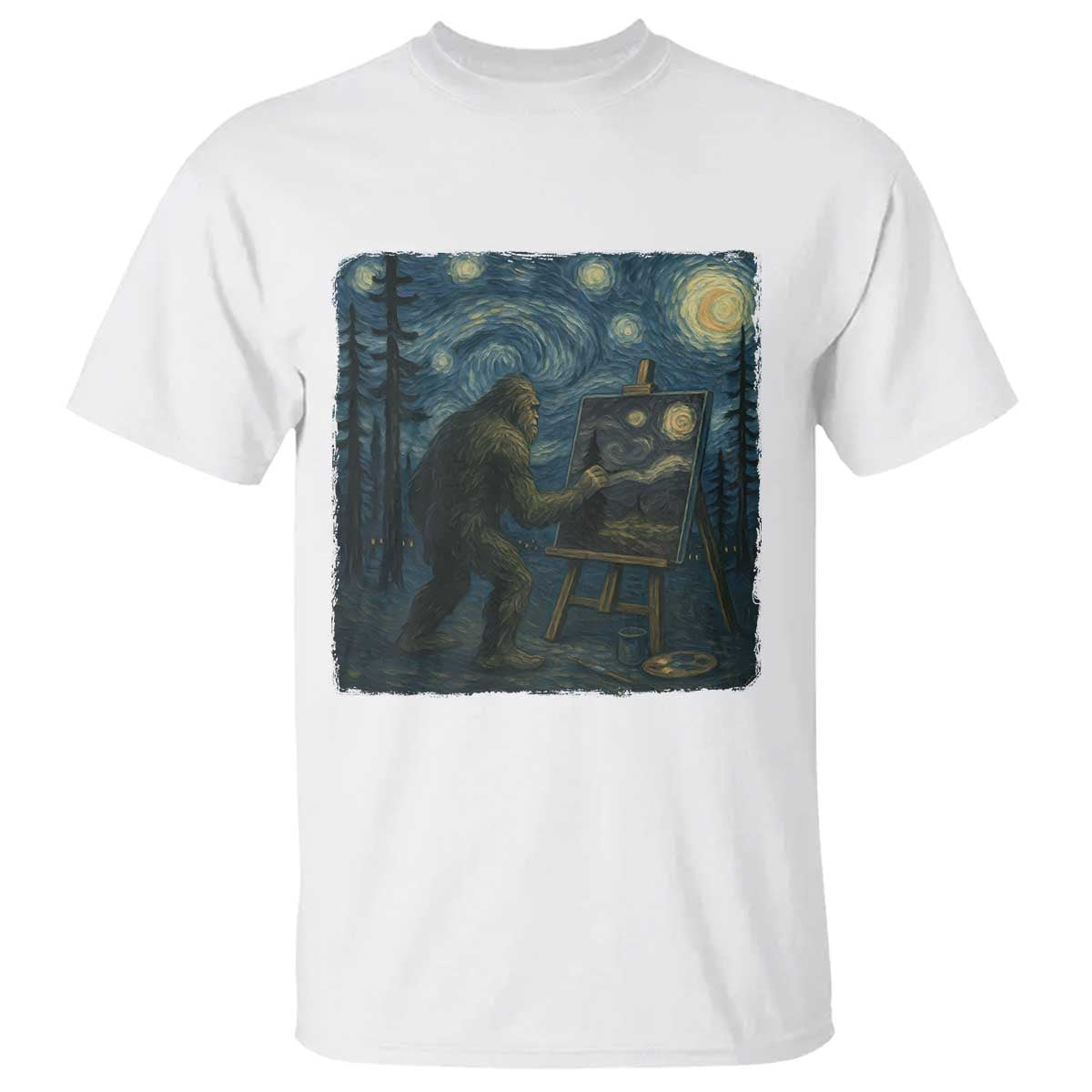 Funny Bigfoot Painting Starry Night Art Parody Gift T Shirt TS12 White Print Your Wear