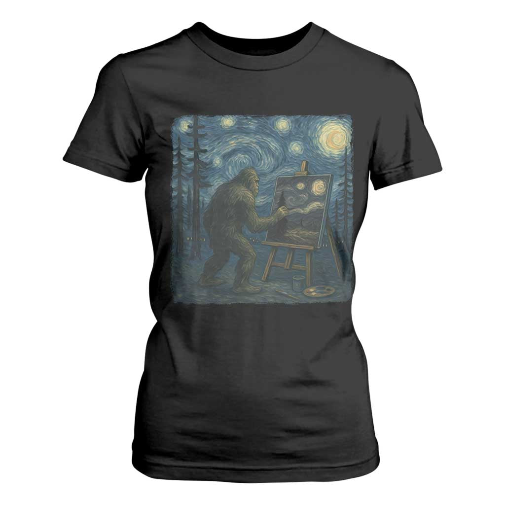 Funny Bigfoot Painting Starry Night Art Parody Gift T Shirt For Women TS12 Black Print Your Wear