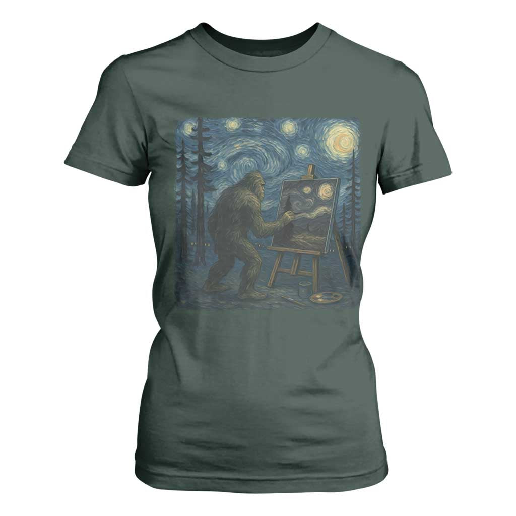 Funny Bigfoot Painting Starry Night Art Parody Gift T Shirt For Women TS12 Dark Forest Green Print Your Wear