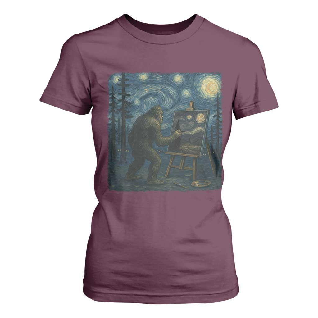 Funny Bigfoot Painting Starry Night Art Parody Gift T Shirt For Women TS12 Maroon Print Your Wear