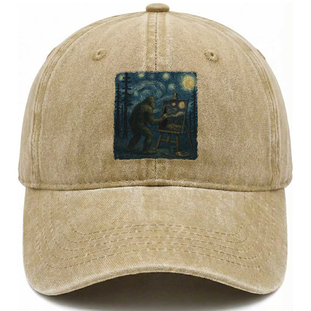 Funny Bigfoot Painting Starry Night Art Parody Gift Washed Cotton Baseball Cap TS12 Print Your Wear