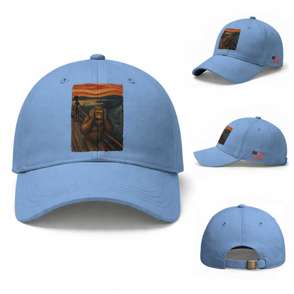 Funny Bigfoot And Alien Baseball Cap Parody The Scream Art Meme Gift TS12 Baseball Cap Universal Fit Light Blue Print Your Wear