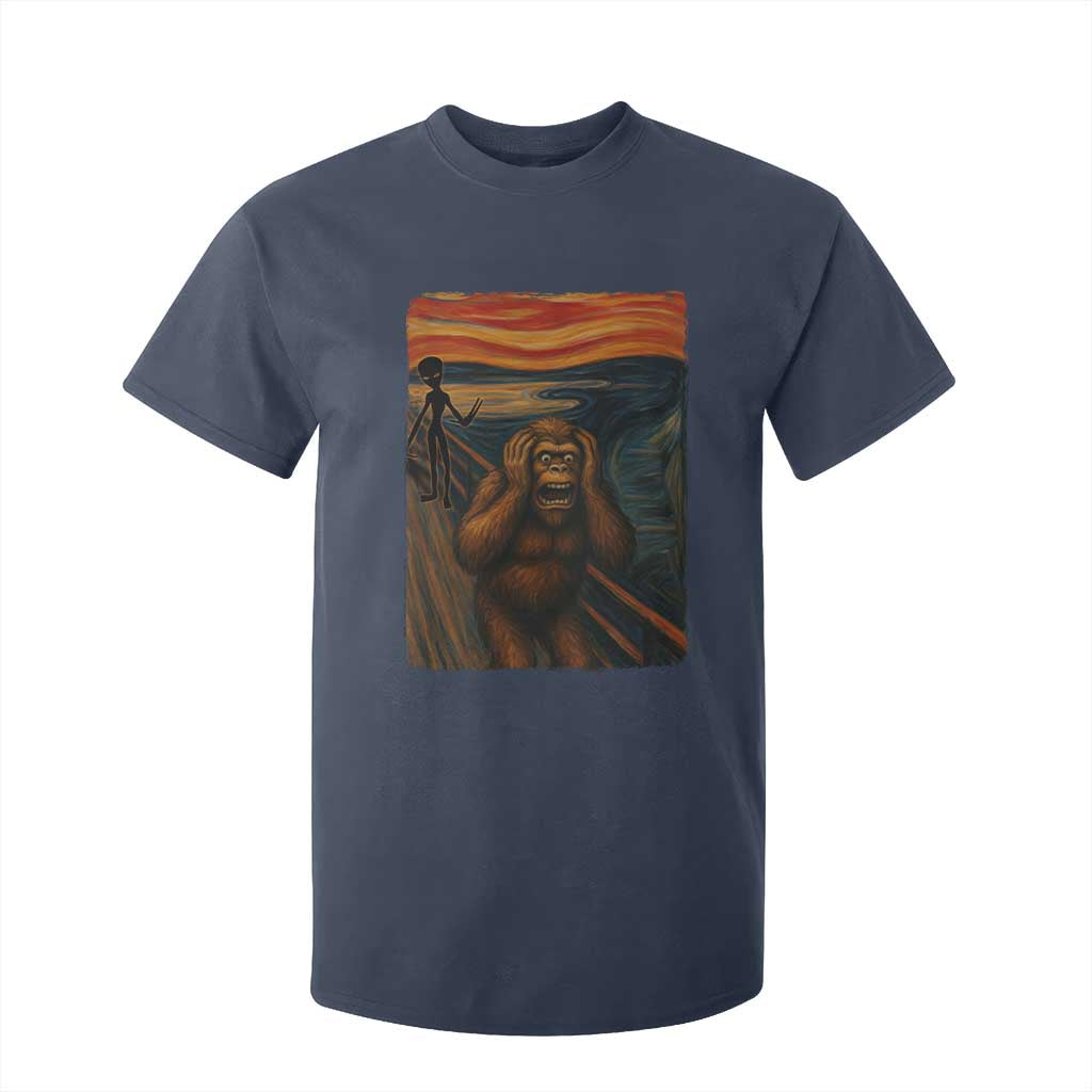 Funny Bigfoot And Alien T Shirt For Kid Parody The Scream Art Meme Gift TS12 Navy Print Your Wear