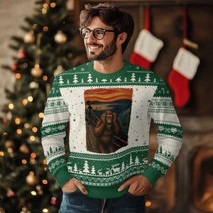 Funny Bigfoot And Alien Ugly Christmas Sweater Parody The Scream Art Meme Gift TS12 Beige Green Print Your Wear