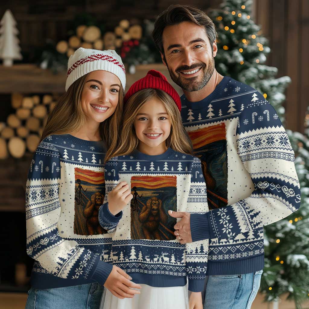 Funny Bigfoot And Alien Ugly Christmas Sweater Parody The Scream Art Meme Gift TS12 Beige Navy Print Your Wear