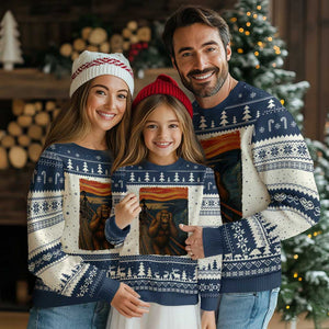 Funny Bigfoot And Alien Ugly Christmas Sweater Parody The Scream Art Meme Gift TS12 Beige Navy Print Your Wear