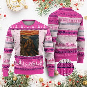 Funny Bigfoot And Alien Ugly Christmas Sweater Parody The Scream Art Meme Gift TS12 Hot Pink Print Your Wear