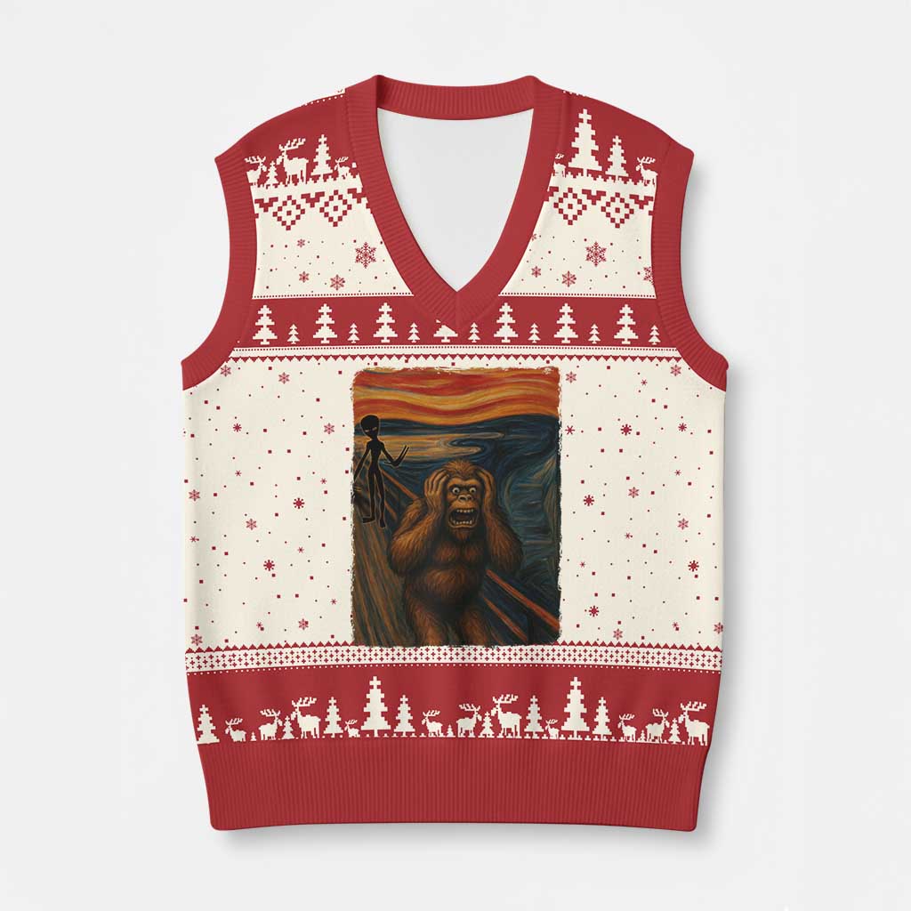 Funny Bigfoot And Alien V-Neck Knit Sweater Vest Parody The Scream Art Meme Gift TS12 Beige Red Print Your Wear