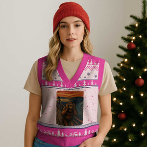 Funny Bigfoot And Alien V-Neck Knit Sweater Vest Parody The Scream Art Meme Gift TS12 Hot Pink Print Your Wear
