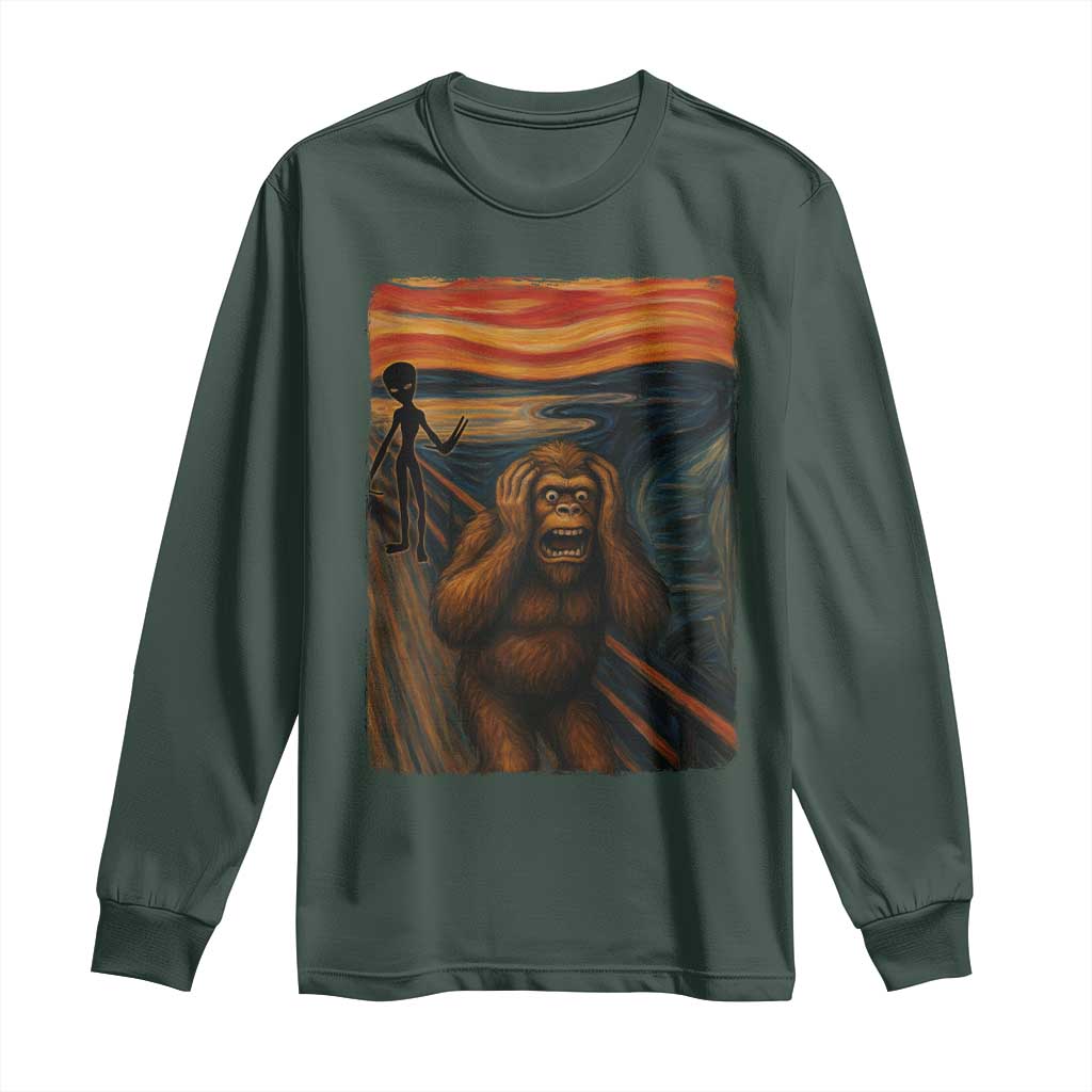 Funny Bigfoot And Alien Long Sleeve Shirt Parody The Scream Art Meme Gift TS12 Dark Forest Green Print Your Wear
