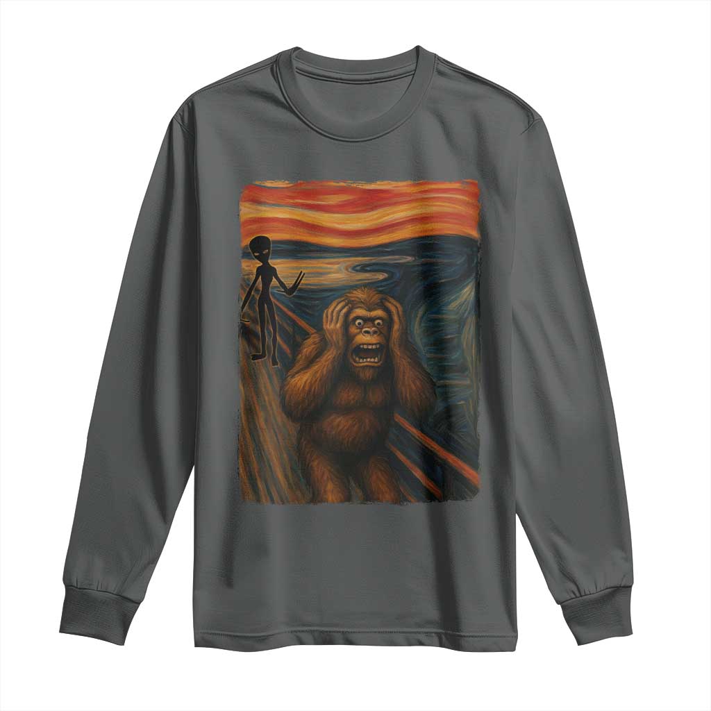 Funny Bigfoot And Alien Long Sleeve Shirt Parody The Scream Art Meme Gift TS12 Dark Heather Print Your Wear