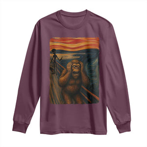 Funny Bigfoot And Alien Long Sleeve Shirt Parody The Scream Art Meme Gift TS12 Maroon Print Your Wear