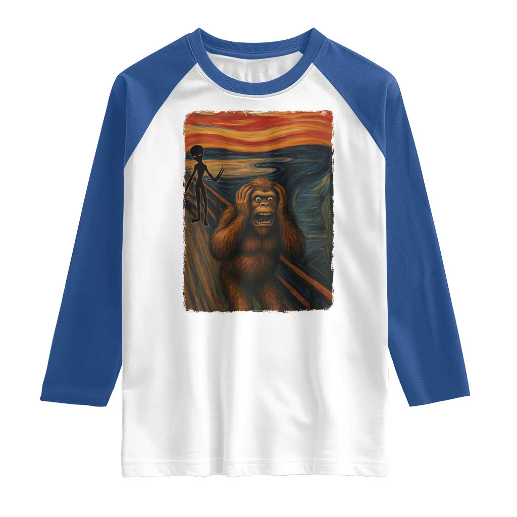 Funny Bigfoot And Alien Raglan Shirt Parody The Scream Art Meme Gift TS12 White Royal Print Your Wear