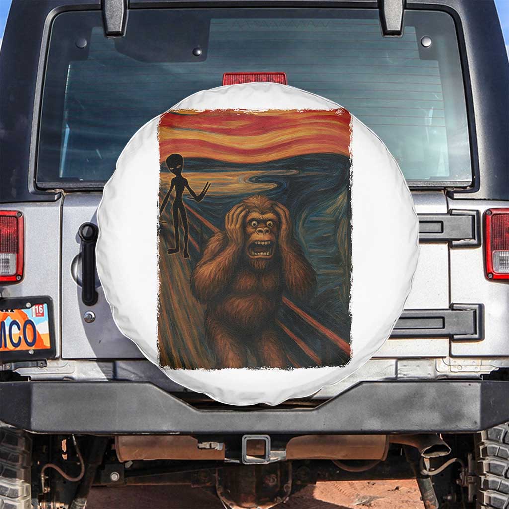 Funny Bigfoot And Alien Spare Tire Cover Parody The Scream Art Meme Gift TS12 No hole Black Print Your Wear