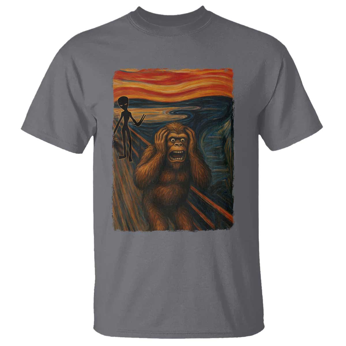 Funny Bigfoot And Alien T Shirt Parody The Scream Art Meme Gift TS12 Charcoal Print Your Wear