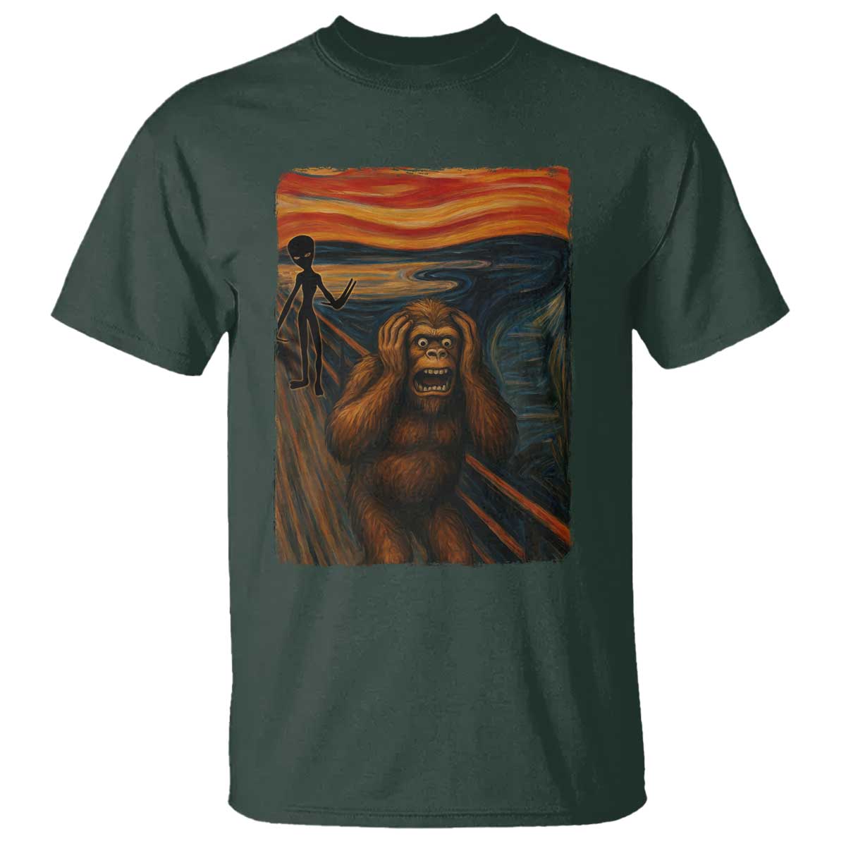 Funny Bigfoot And Alien T Shirt Parody The Scream Art Meme Gift TS12 Dark Forest Green Print Your Wear
