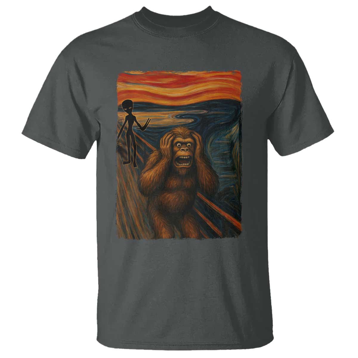 Funny Bigfoot And Alien T Shirt Parody The Scream Art Meme Gift TS12 Dark Heather Print Your Wear