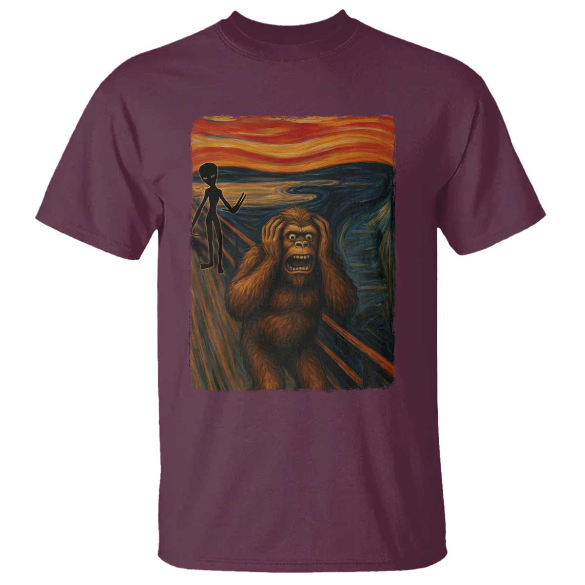 Funny Bigfoot And Alien T Shirt Parody The Scream Art Meme Gift TS12 Maroon Print Your Wear